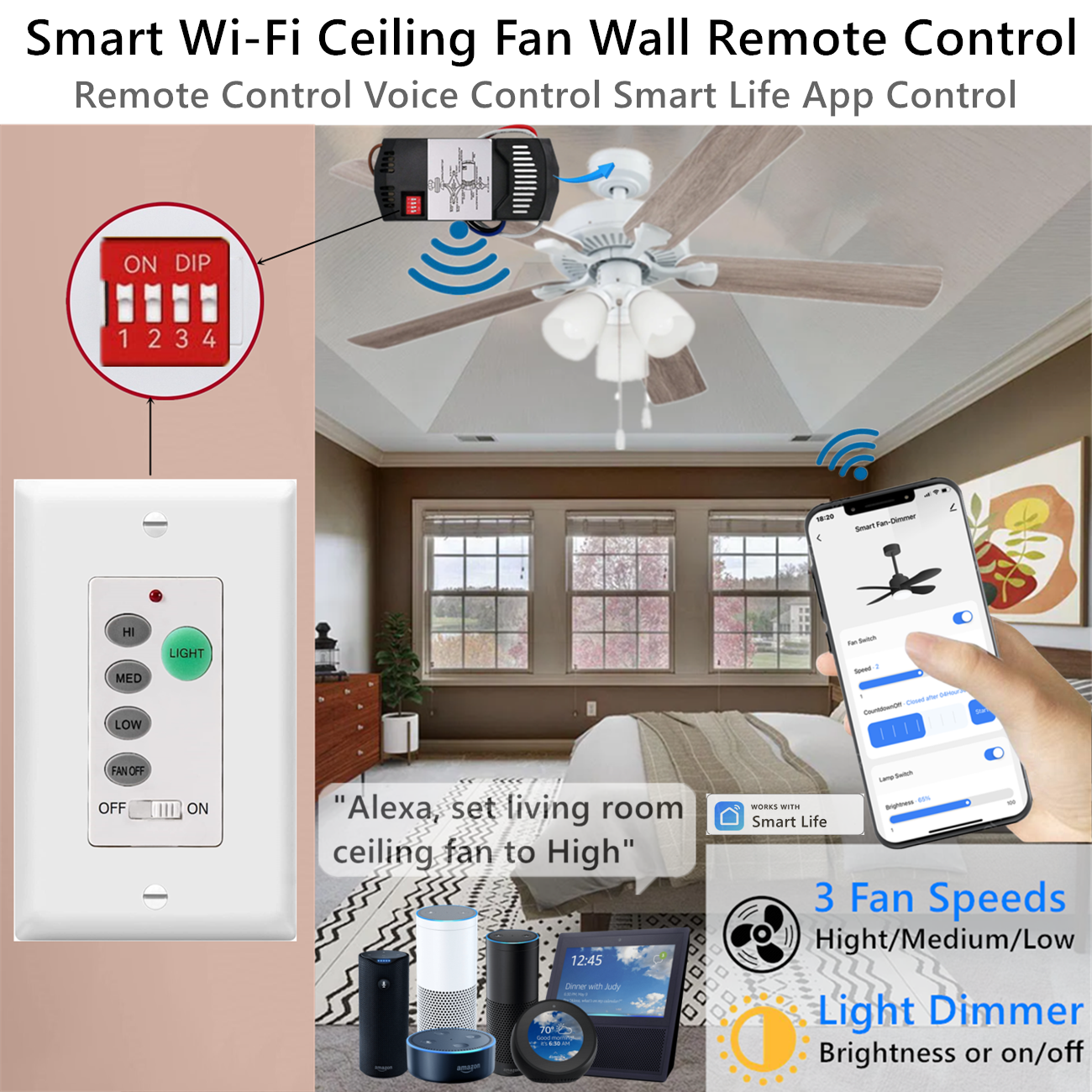 Used Smart Wi-Fi Ceiling Fan Wall Remote Control for Breeze Hampton Alexa Google