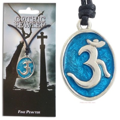 Sanskrit OM Pendant Necklace Blue Ohm Aum Hinduism Buddhism Yoga Pewter Gift