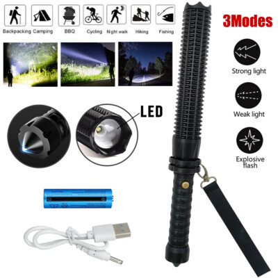 Super Bright 2500000LM LED Security Stick Torch USB Rechargeable Zoom Flashlight