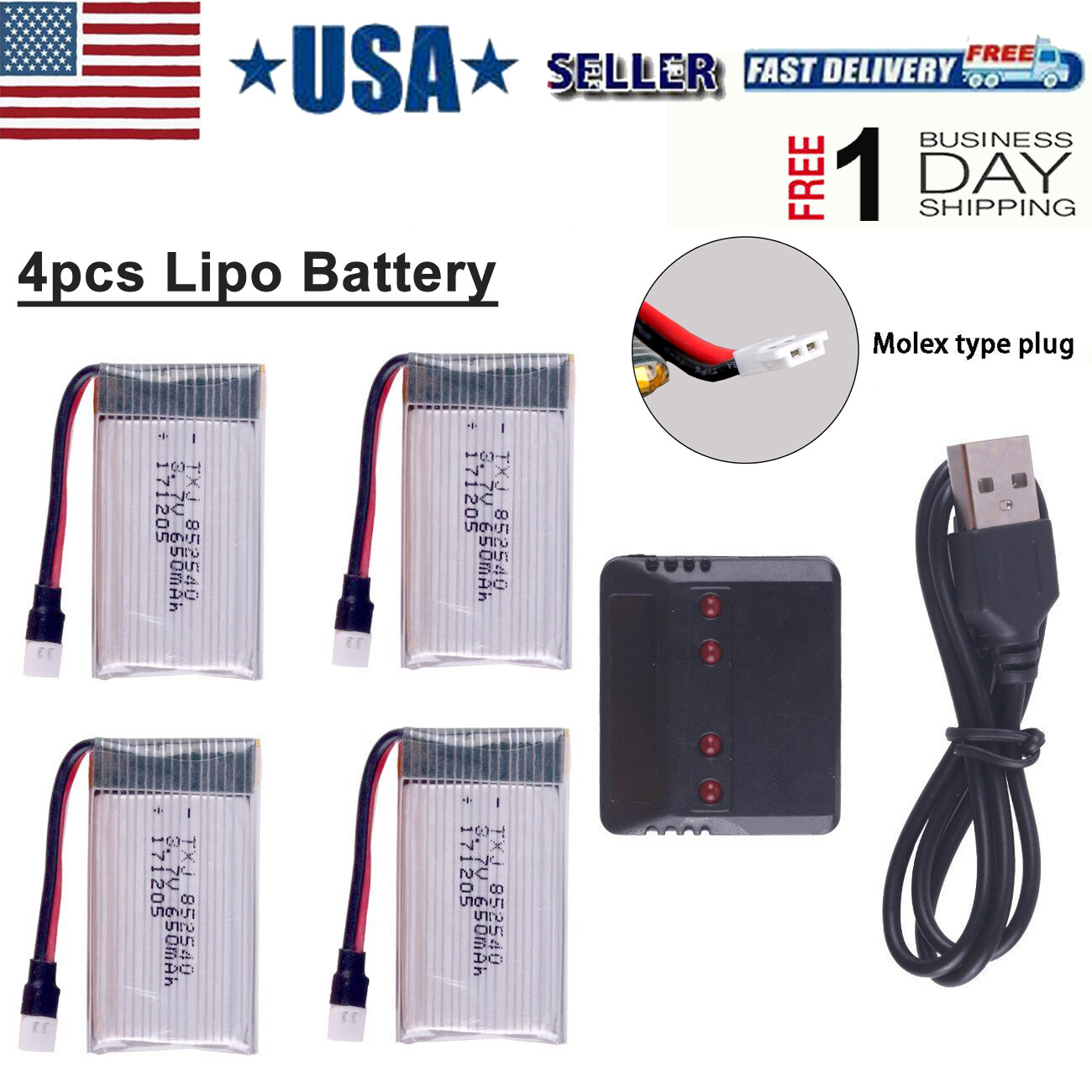 4pcs 650mAh 3.7V Lipo Battery With 4 in1 USB Charger for RC