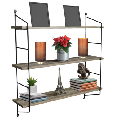 Sorbus 3-Tier Floating Shelf w/ Metal Bracket - Wall Mounted Rustic Wood Storage