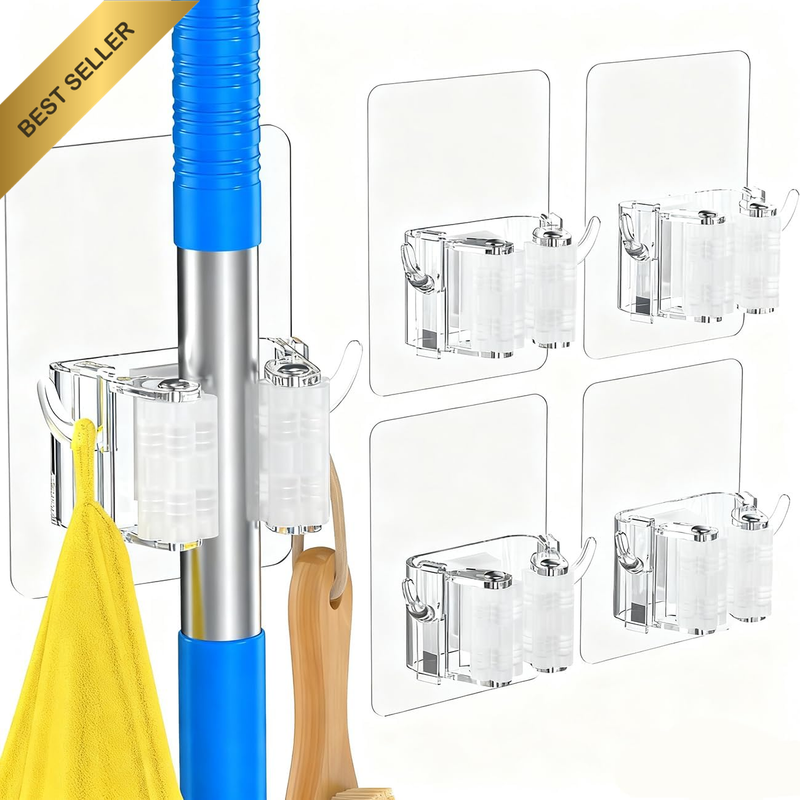 Broom Holder Wall Mount 4-Pack, Adhesive Mop and Broom Organizer for Bathroom, K