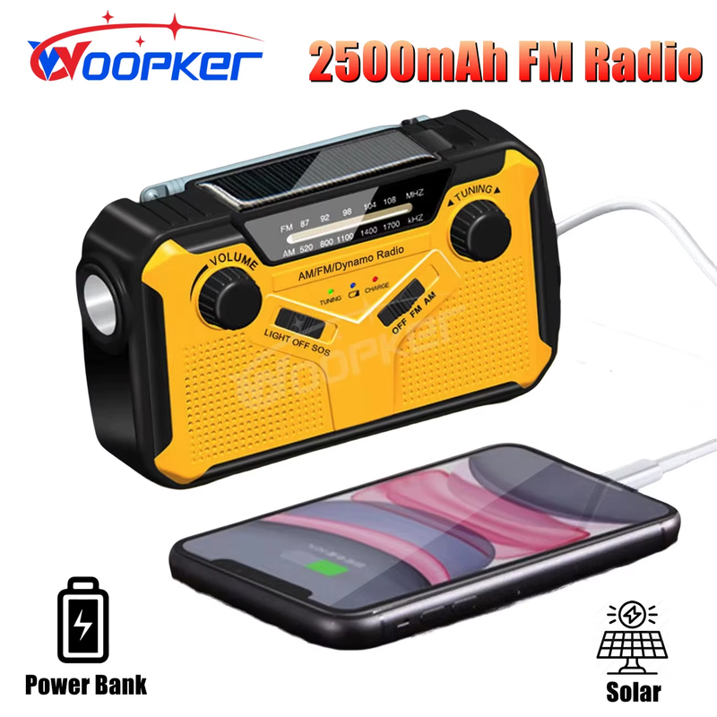 2500mAh Portable Radio Solar Hand Crank USB AA Batteries Rechargeable Torch Read