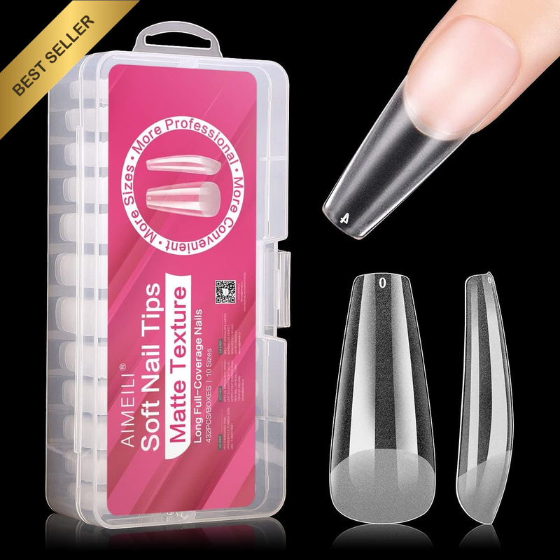 432 PCS Clear Matte Coffin Full Cover False Nail Tips Acrylic Press-On Nails wit