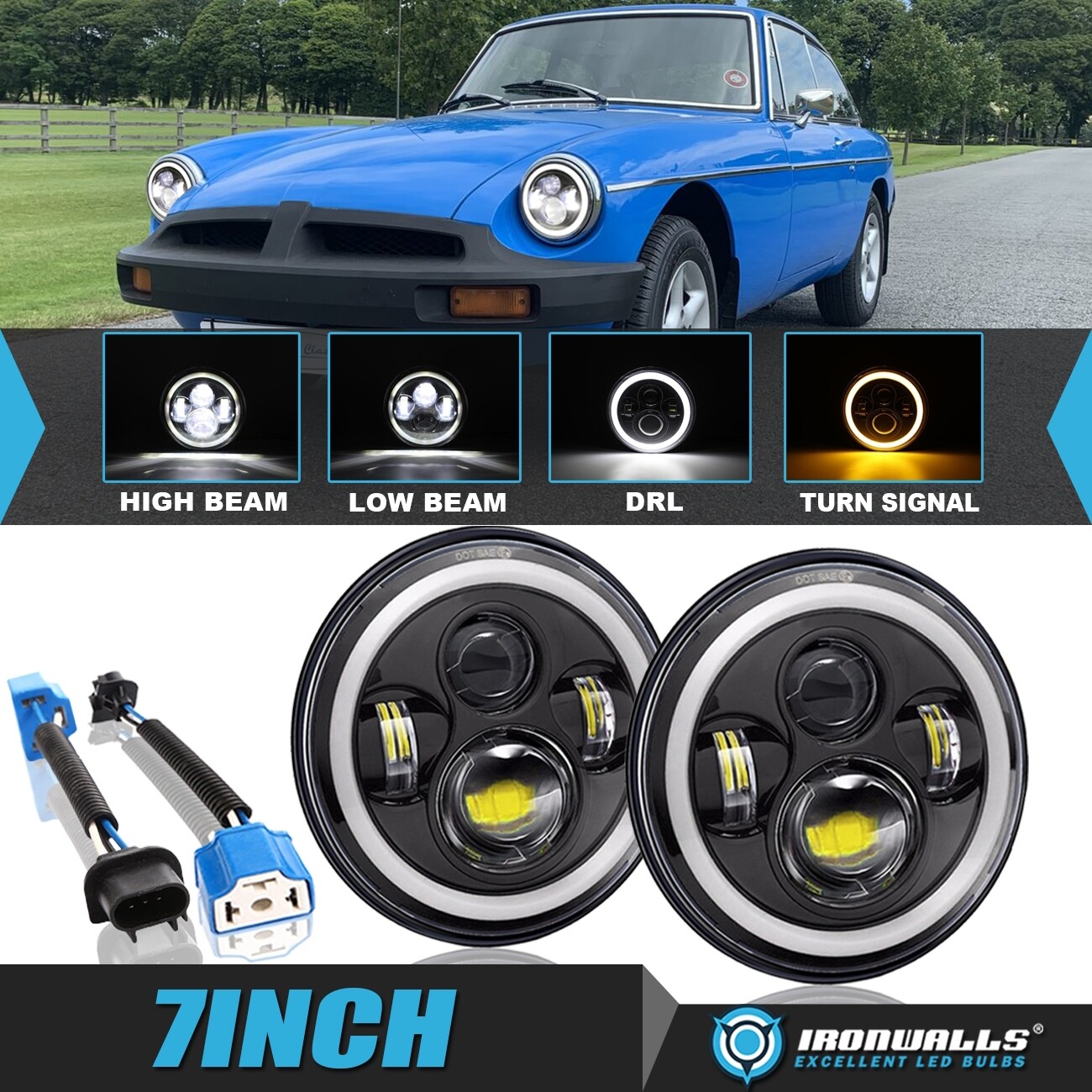 For MG MGB 19691981 Pair Round LED Headlights HighLow Beam DRL Angel