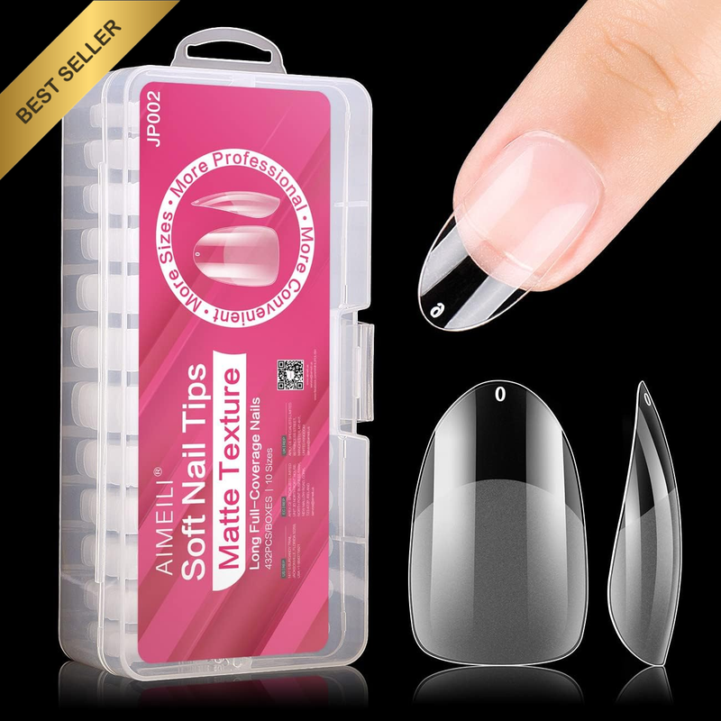 432 PCS Short Almond Round Full Cover False Nail Tips Acrylic Press-On Nails wit