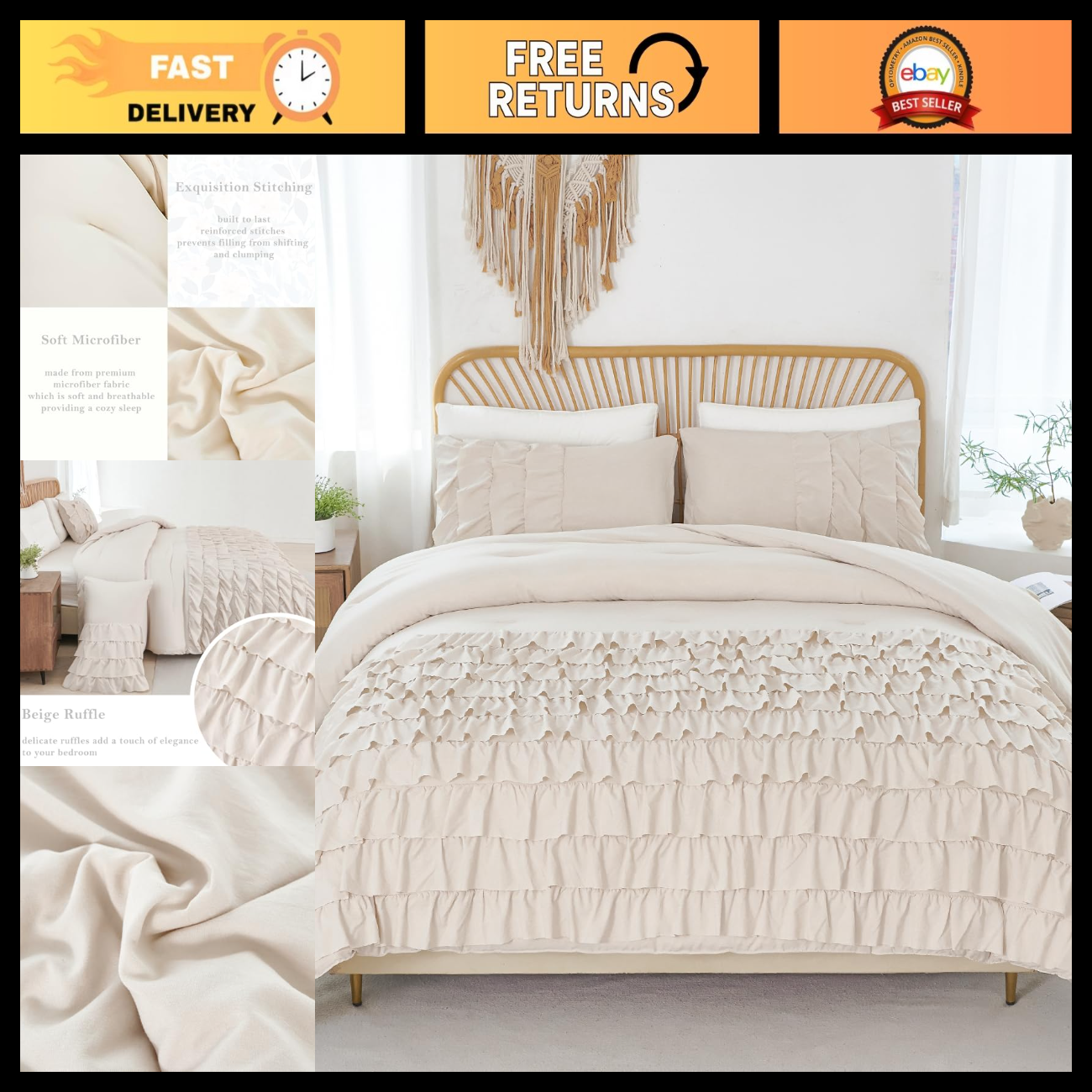 3-Piece Queen Beige Ruffled Comforter Set | Shabby Chic Bedding for Women & Teen