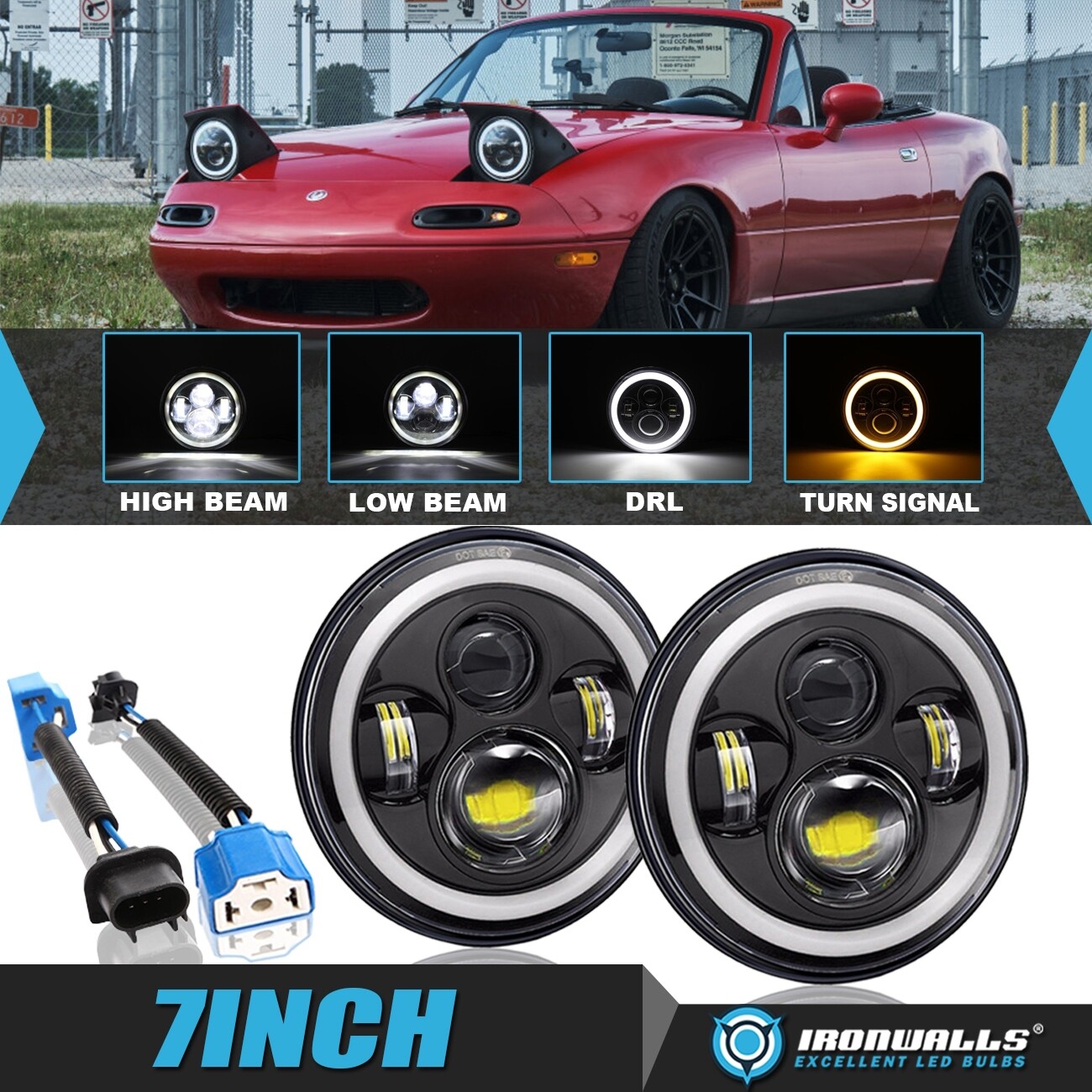 2X Round LED Headlights HiLo Beam DRL Angel Eyes for Mazda Miata MX5