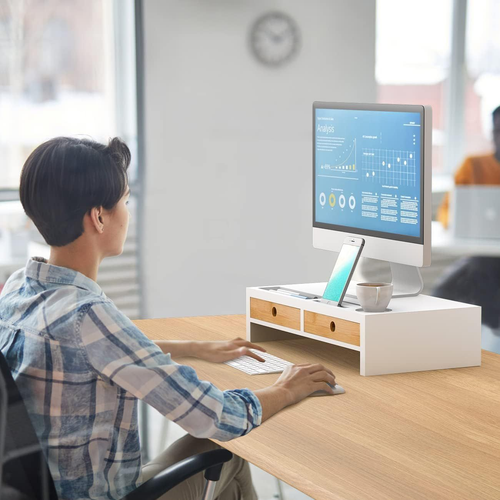 Monitor Stand Riser with Drawer - White Laptop Stand, Bamboo and