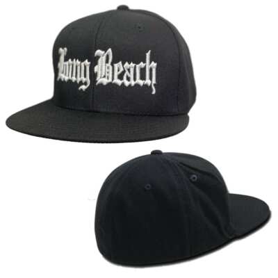 Black LONG BEACH Vintage Embroidered Hip Hop FITTED Flat Bill Cap Caps Hat Hats