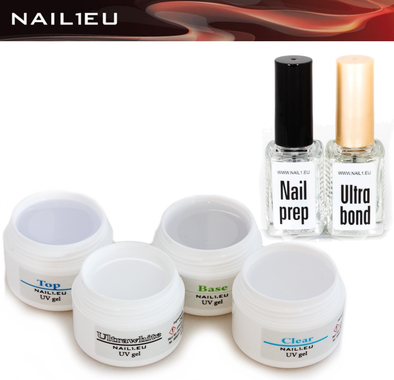 UV Nagelgel-Set 4x7ml 1-PHASEN-GEL Haft-Gel Français Gel de Scellage Primer