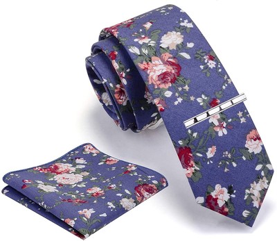 GUSLESON Fashion 2.4''（6cm） Cotton Floral Printed Necktie Tie Clip and Pocket Squ