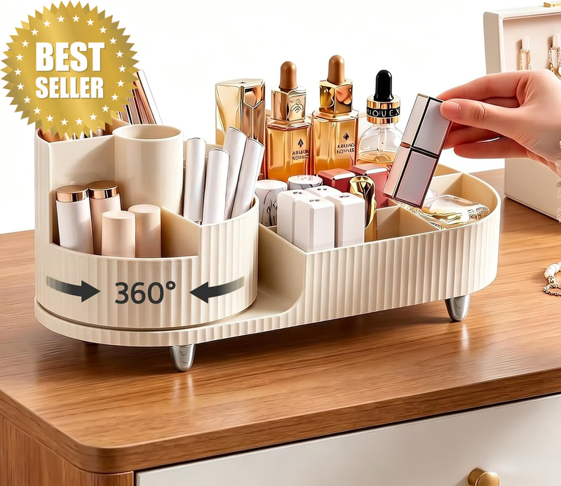 360° Rotating Vanity Makeup Organizer with Brush Holder, Large Capacity Dresser