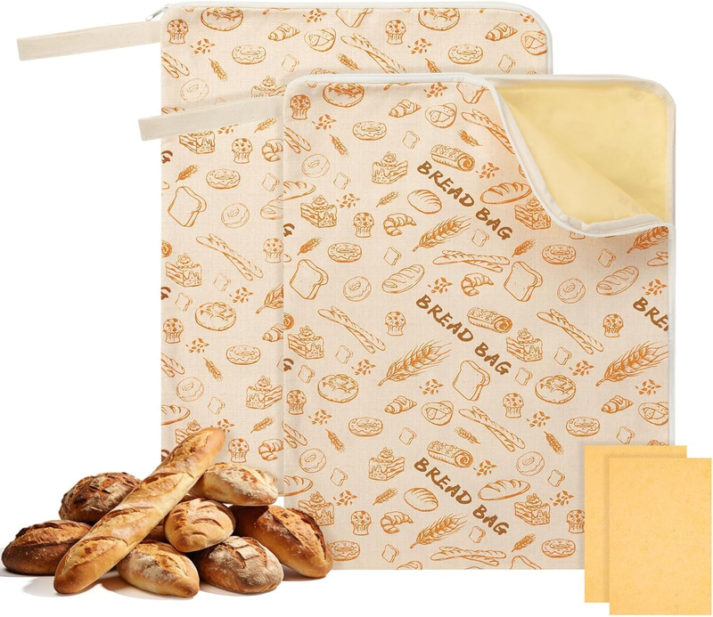 Reusable Beeswax and Linen Bread Bags with Zipper, 2-Pack Waxed Bread Bags for H