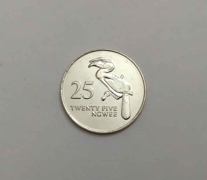 1992 Zambia 25 Ngwee Coin, KM #29 Uncirculated / Bird-Hornbill
