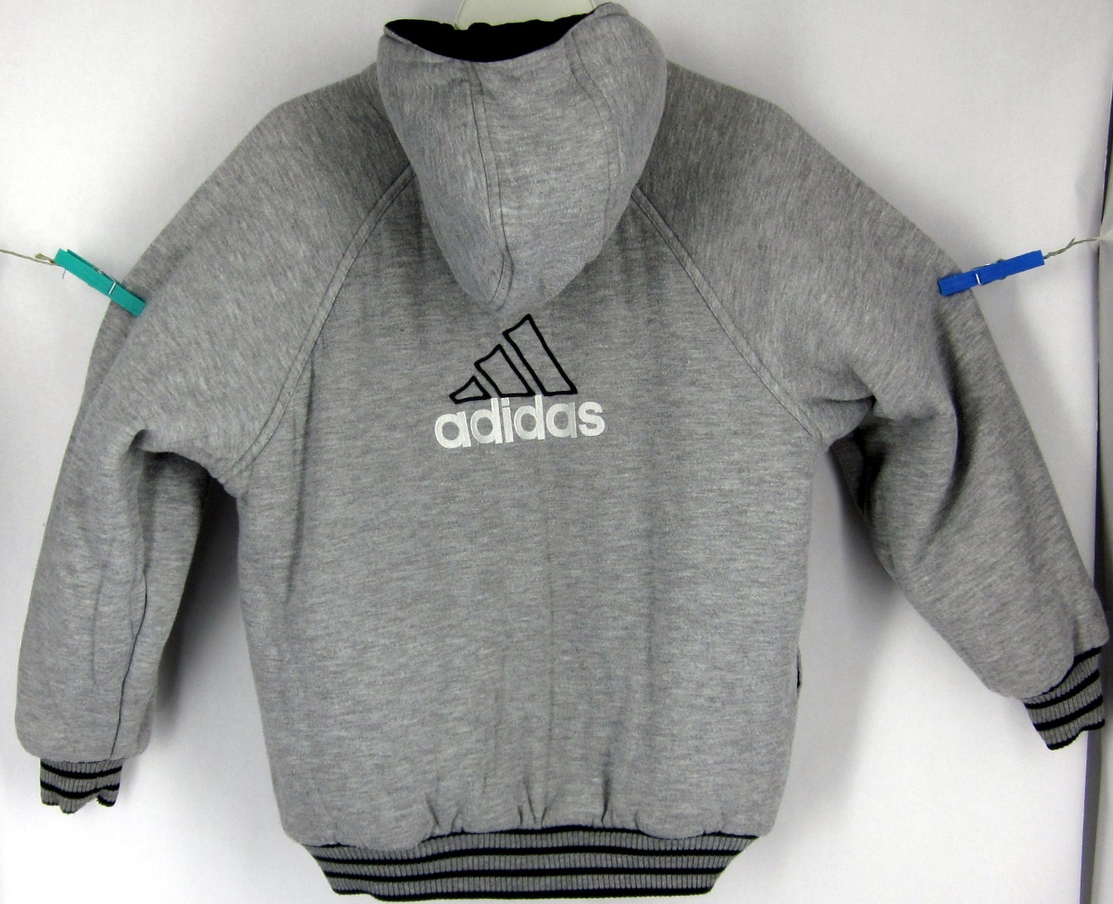 ADIDAS Reversible Black Gray 3 Stripe Full Zip Up Jacket Coat Size Large 14-16