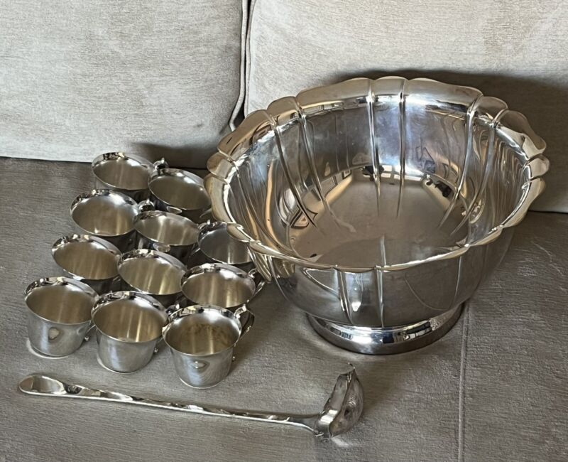 Vintage Silver Plated Punch Bowl Set-12 Cups & Ladle