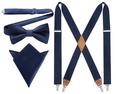 HISDERN Suspenders for Men Navy Blue Bowtie and Suspender Set with Pocket Squ...
