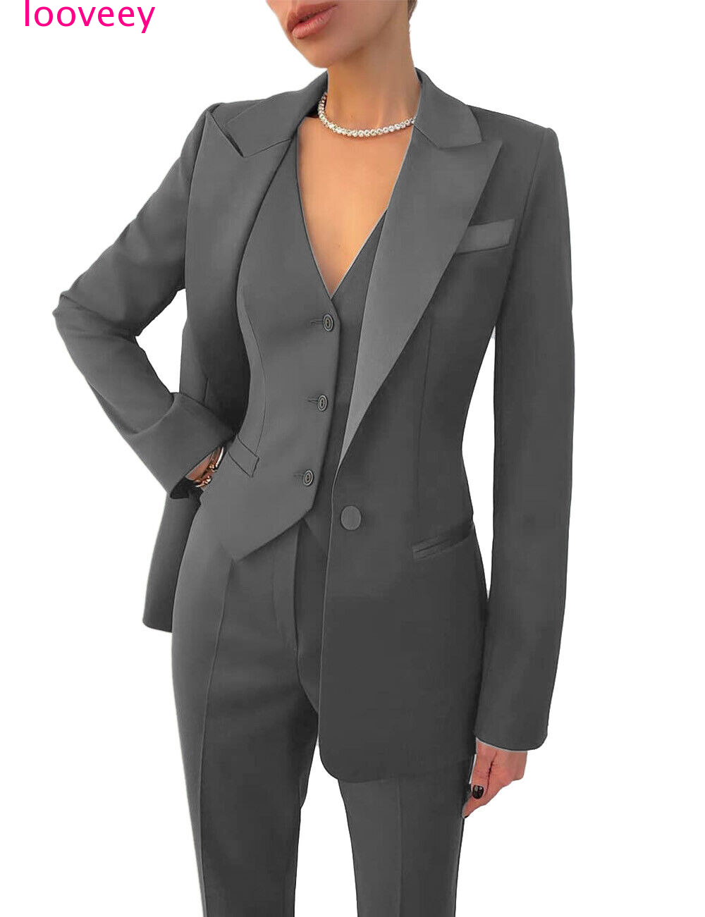 Womens 3Pcs Formal Suit  Notch Lapel Jacket Prom Slim Fit Groom Blazer+Vest+Pant