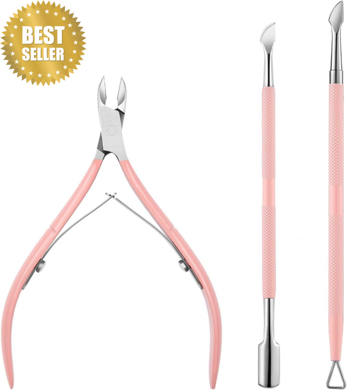 Cuticle Trimmer with Cuticle Pusher, 3 PCS Pink Nail Cuticle Nipper Professional