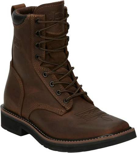 Pre-owned Justin Boots Justin Pulley 8" Work Boots For Men - Square Toe Full-grain Leather Upper... In Aged Bark