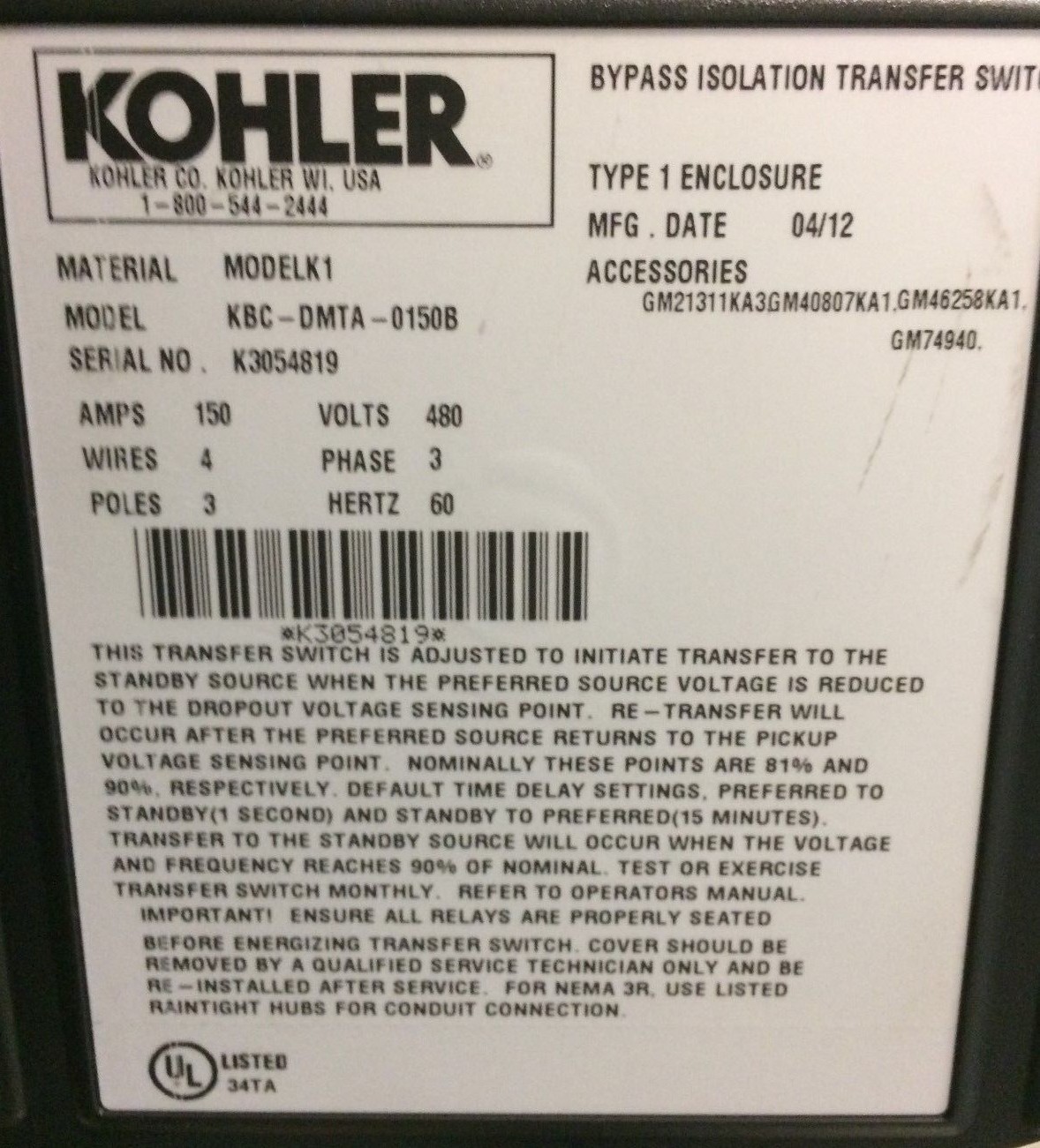 Kohler Automatic Transfer Switch, Model KBC-DMTA-0150B