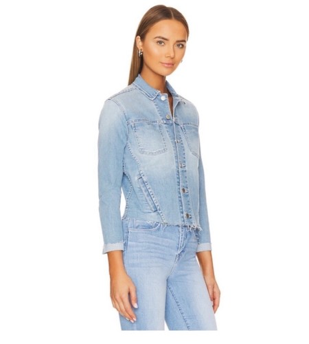 Pre-owned L Agence L'agence Janelle Slim Raw Edge Denim Jacket In Omaha. Nwt. Large. Retail- $350 In Blue
