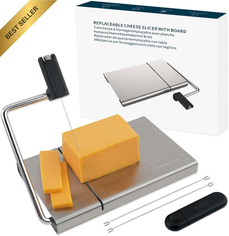 Replaceable Wire Cheese Slicer with Board and Measuring Grids,Tightness Adjustab