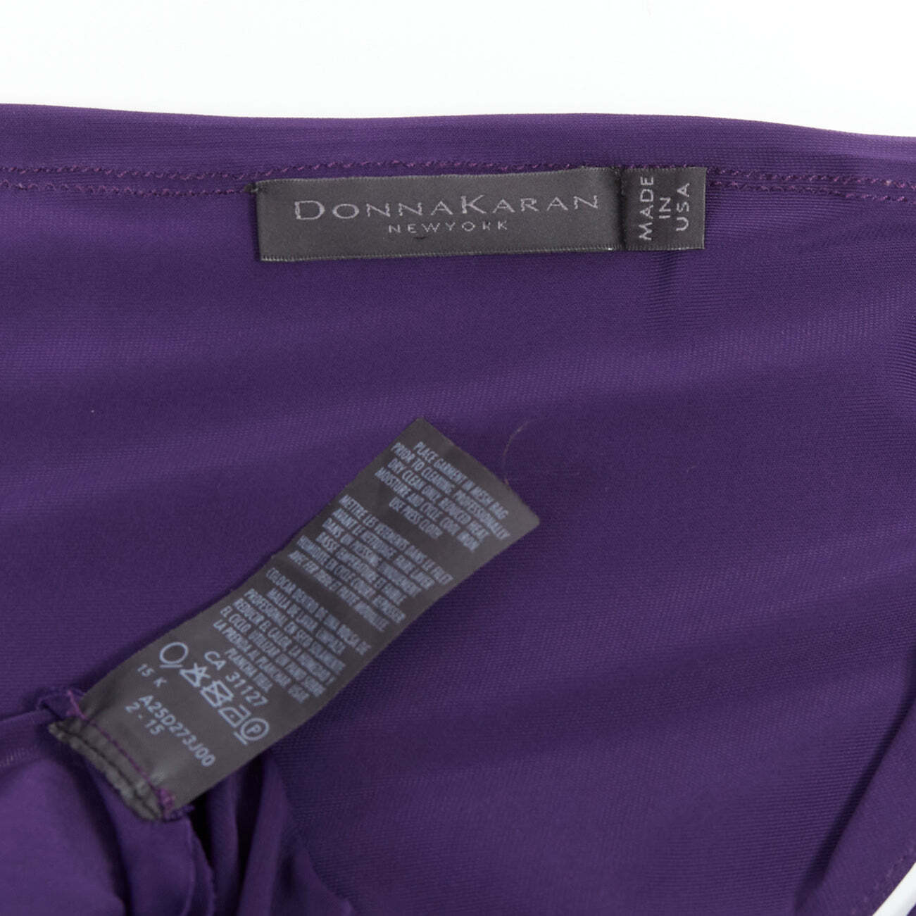 DONNA KARAN purple draped side knot criss cross back grecian