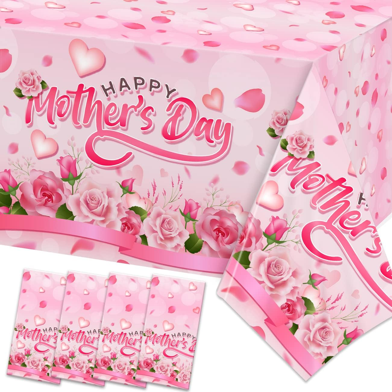 Happy Mothers Day Decorations Tablecloth 4 Pack Large Rectangle Pink Rose Mother