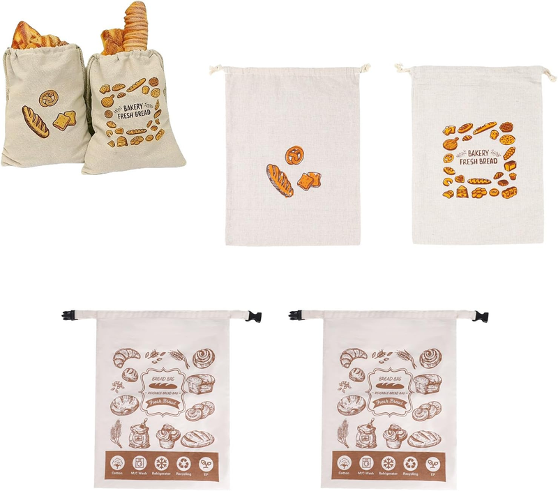 4 Pcs Reusable Bread Bags, Cotton Bread Bags for Homemade Bread, Drawstring & Cl