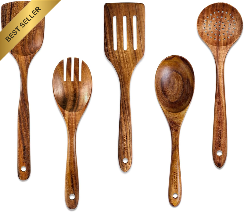 Natural Teak Wooden Cooking Utensils Set-5 PCS Kitchen Spoons with Comfort Grip,