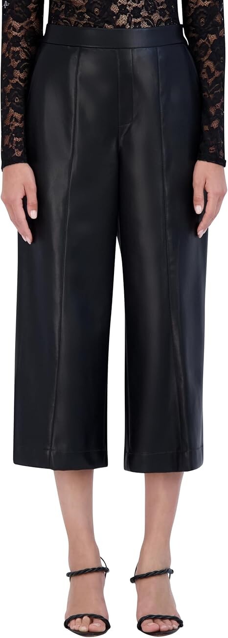 BCBG NEW YORK Faux-Leather Cropped Pants Women's 10 Black Slash Pockets Pull On - Picture 1 of 17