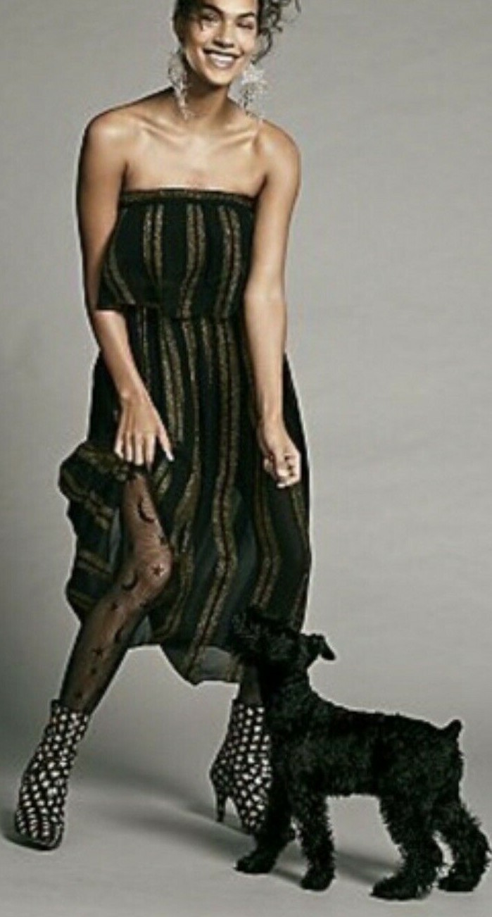 New Free People CARMEN LUREX Black Gold Metallic Striped