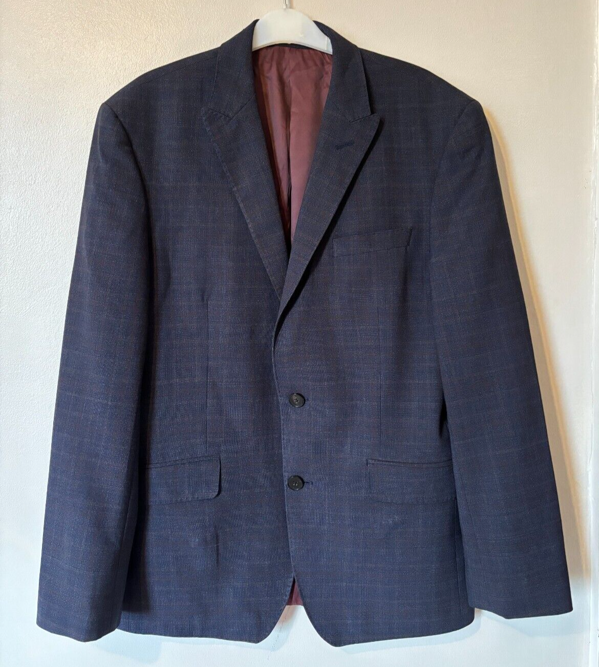 【美品】T.M.Lewin メンズ ジャケット ウール TM Lewin Wool Jacket Mens Reda Bolt Blue Taupe Check Burgundy Lined 40\"  Short