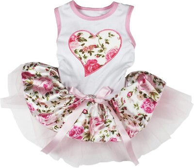 Petitebelle Pink Rose Heart Puppy Dog Dress (White/Pink Rosettes, Large)