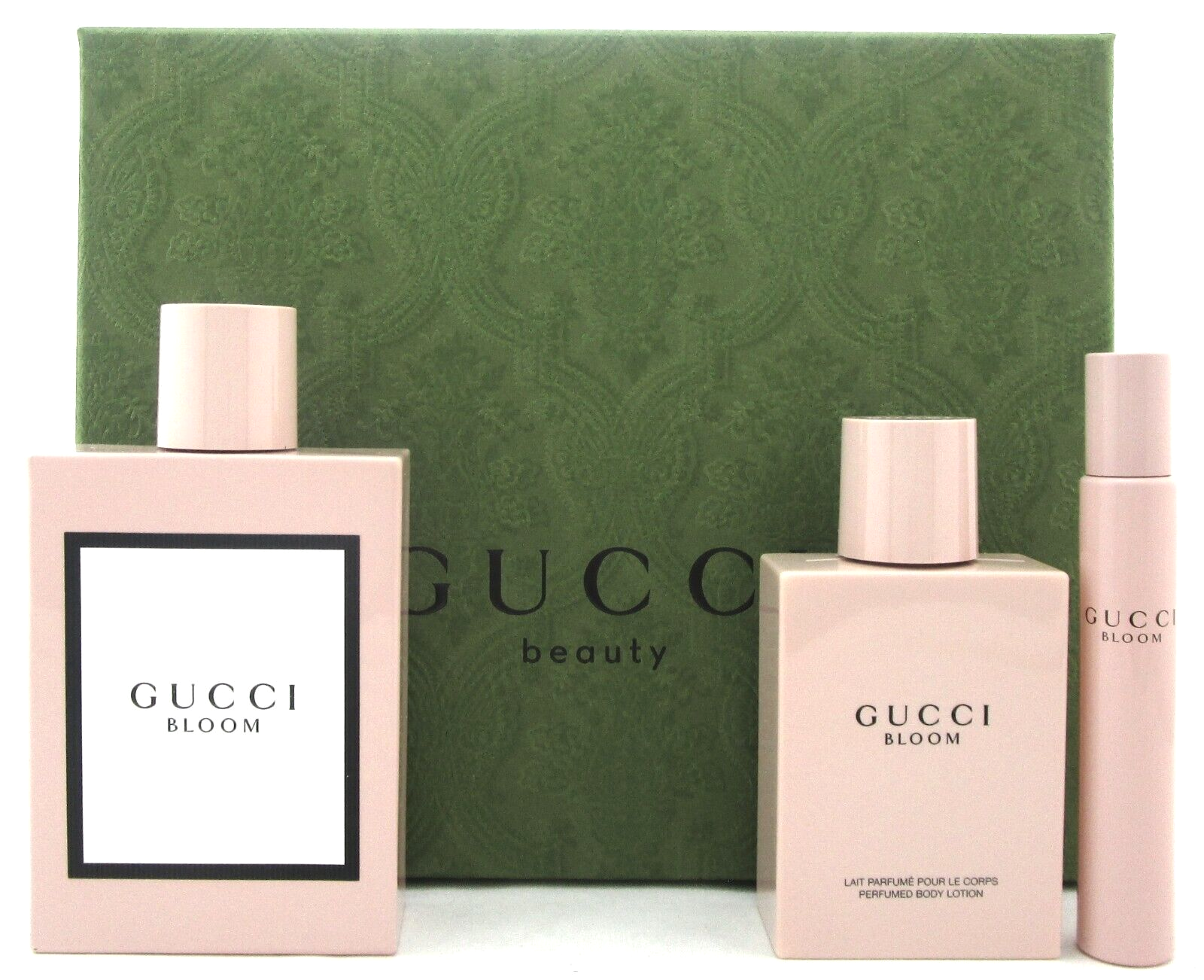Gucci Bloom 3.3 oz EDP Spray & 0.25 oz EDP Rollerball + 3.3 oz B/Lotion. New Set