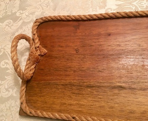 Rustic French Country Wood Serving Tray Farmhouse Decor Rope Handles Primitive
