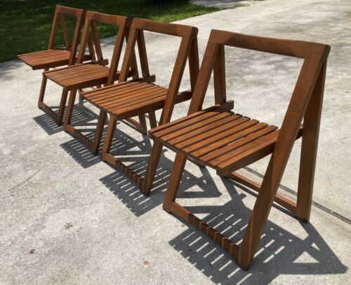 FOUR Mid Century Modern Aldo Jacober Bazzani Style Slat Wood Folding Chairs NICE