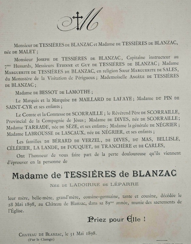 Tessieres Blanzac Ladoirre De Leparre Faire Part Malet Bessot Lamothe 1898