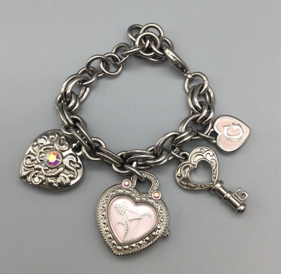 Guess Charm Bracelet Watch Women Silver Tone Charm Band Pink Heart