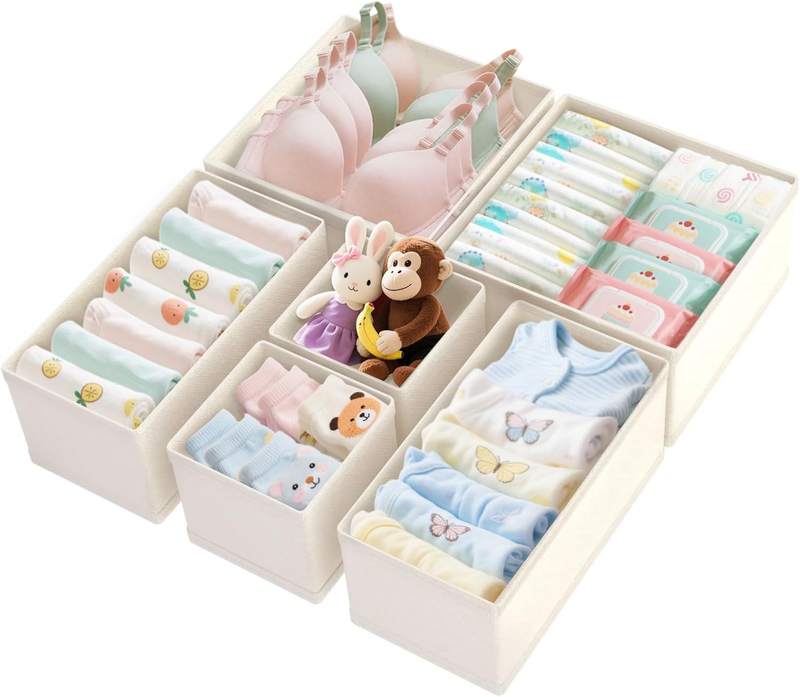 Drawer Organizer Clothes 6 Pack, Dresser Closet Organizers for Baby Clothes Underwear, Sock Beige