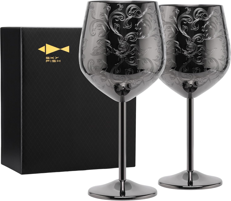 Stainless Steel Unbreakable Wine Glass 2-Pack 18Oz | Black Plated and Baroque En