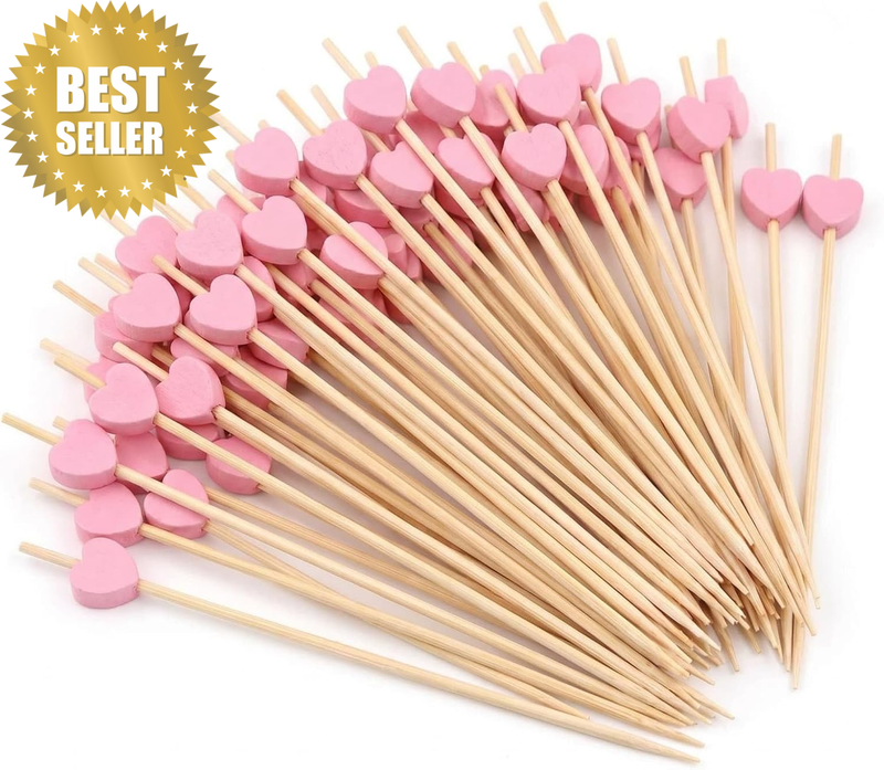 100 Pcs Heart Cocktail Skewers 4.7 Inch Long Handmade Bamboo Food Picks for Frui