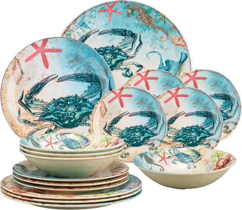 16-Piece Melamine Dinnerware Set, Includes Dinner Plates, Salad Plates, Dessert Plates, Bowls, Service for 4. (Crab)