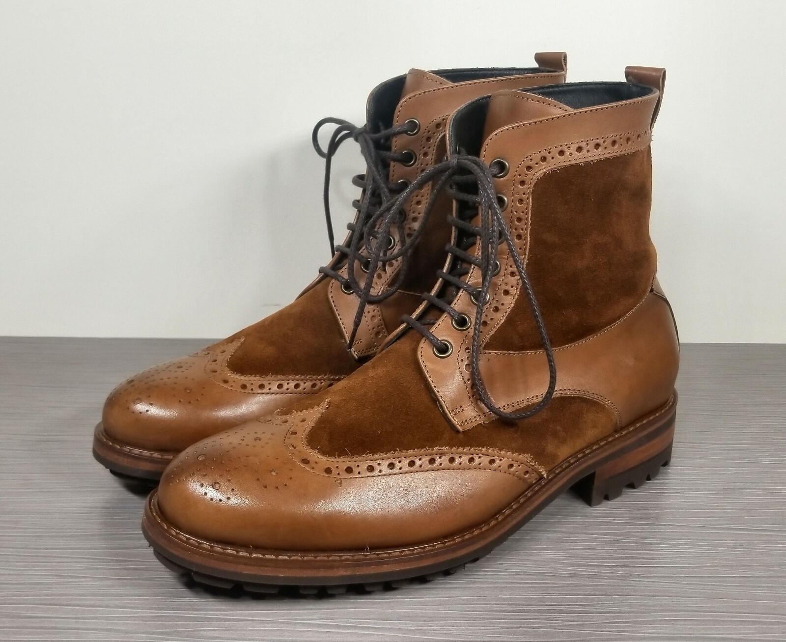 Monto Rosso Campo Wingtip Boot, Cognac Leather & Suede, Mens Size 8 M