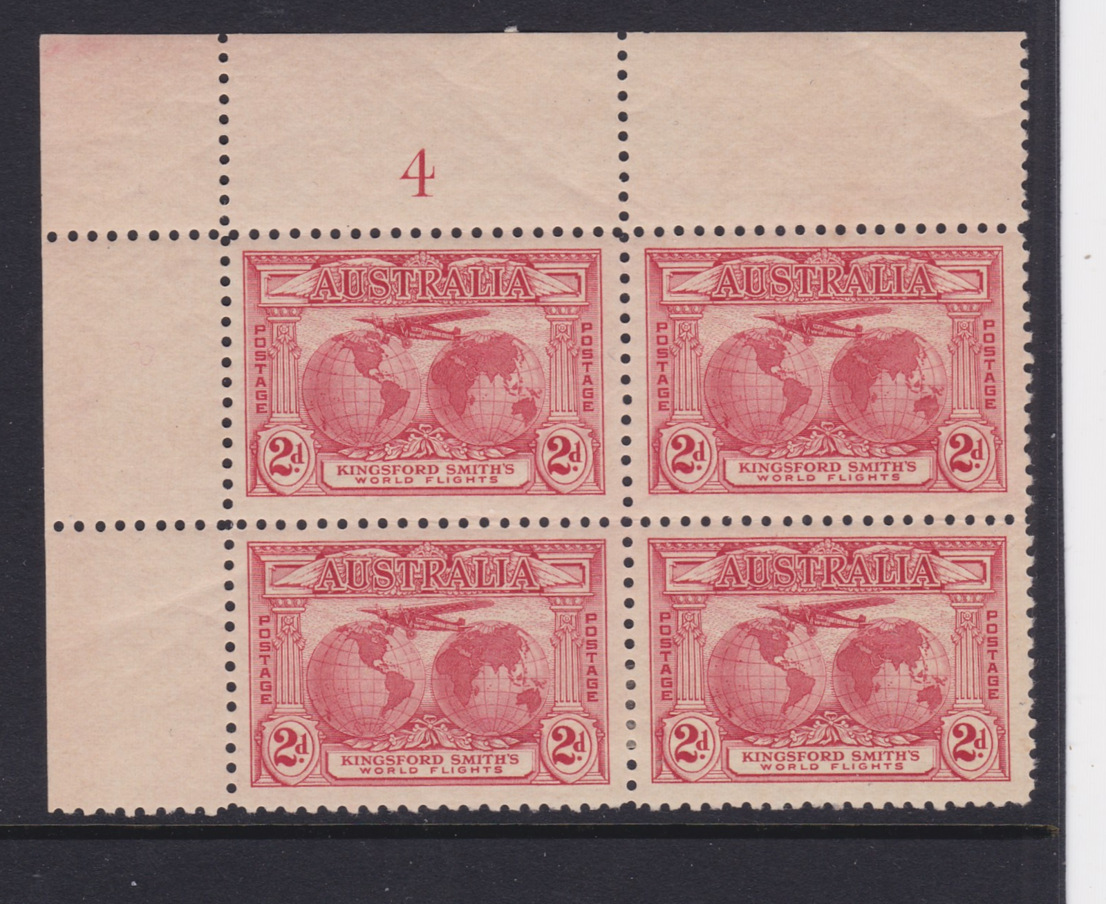 AUSTRALIA 1931 2d Carmine Red Kingsford Plate 4 Block (4) MINT/MH SG 121 (SE18)