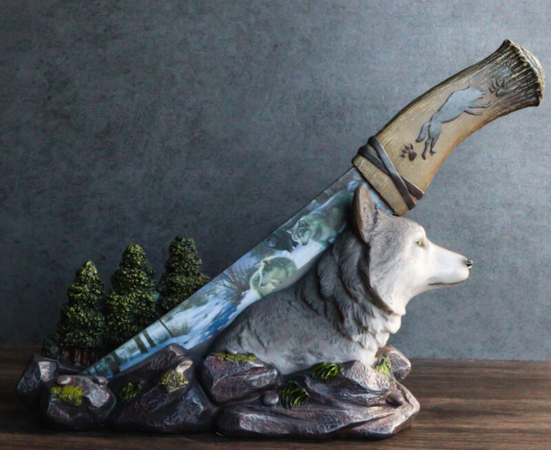 Ebros Gray Wolf In Forest Centerpiece With Hunting Knife Letter Opener Statue