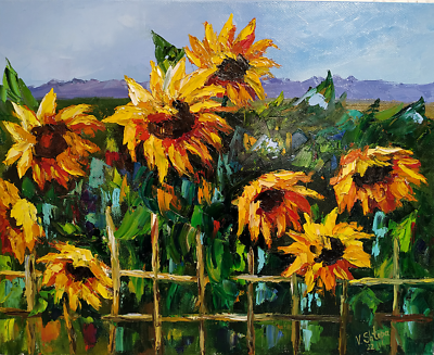 Sunflowers Field Original Oil Painting Landscape Flowers Ukrainian Artist 16x20