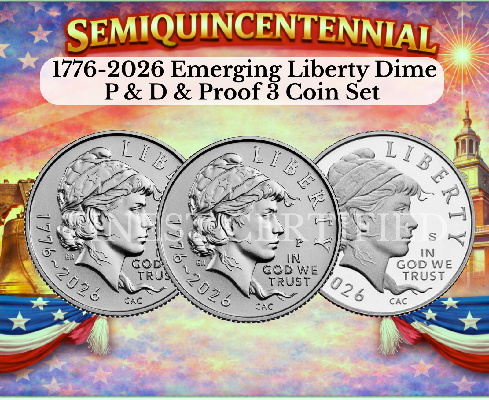 1776 - 2026 P D S LIBERTY  DIME 3 COIN SET NEW BU + PROOF     PRE-SALE  .